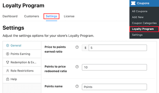 Loyalty Program plugin settings