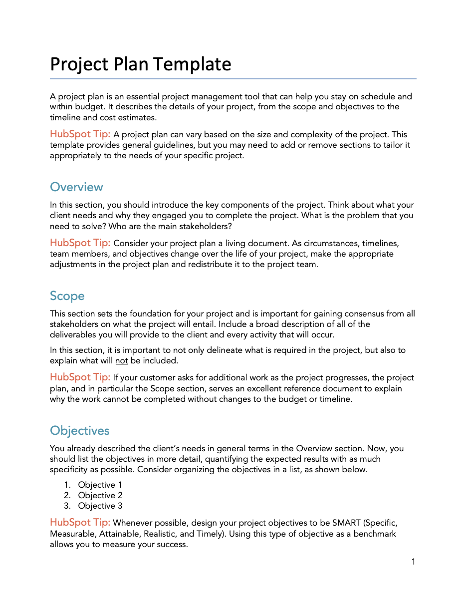 HubSpot Project plan template