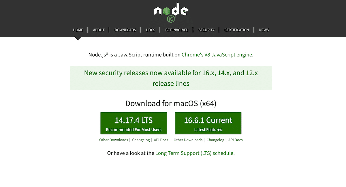 Screenshot of the Node.js website homepage.