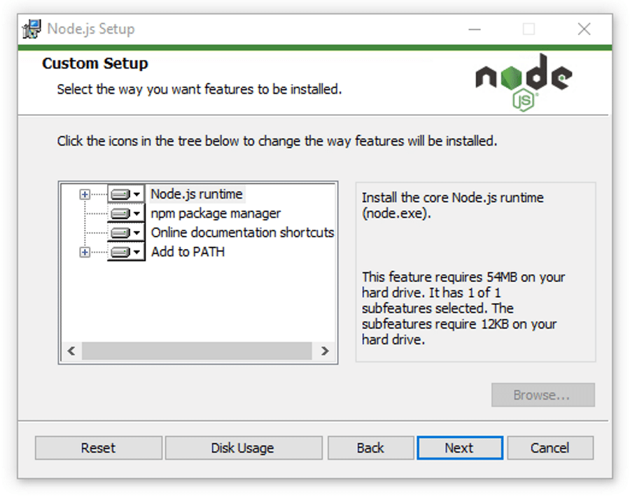 Using the Node.js installer's 