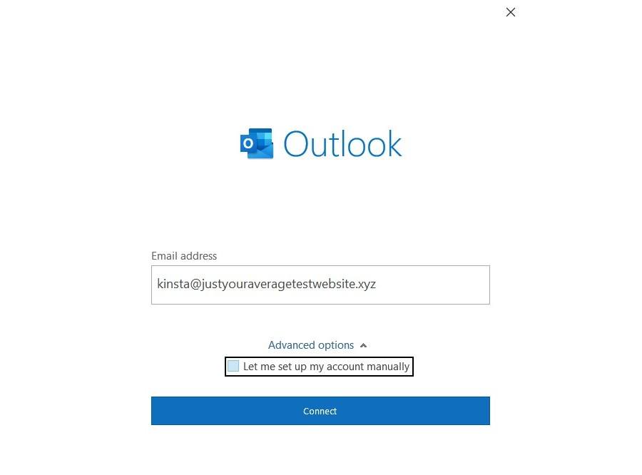 Entering your email address in Outlook.