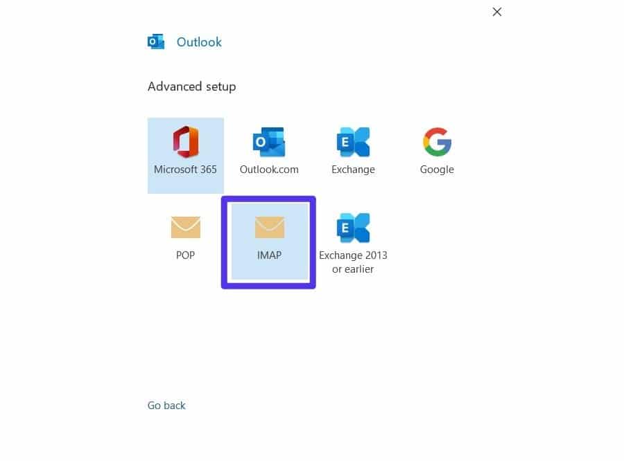 Choosing the option for IMAP in Outlook.