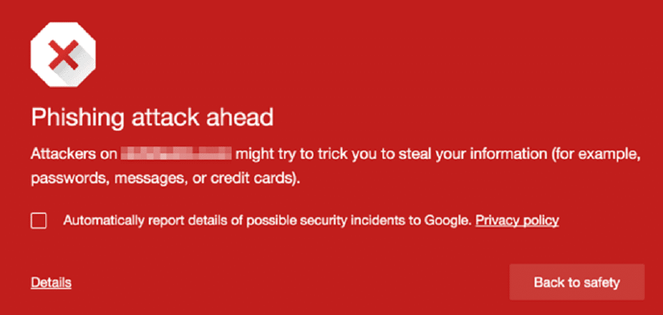 Google's phishing warning sign, showing 