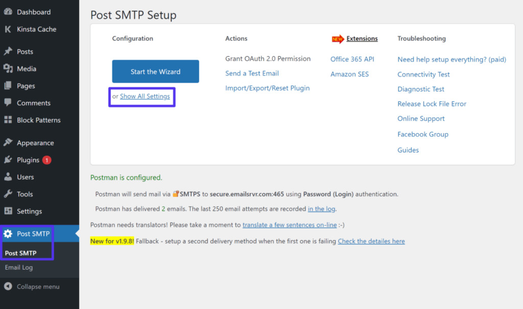 How to access all settings in the Post SMTP plugin in WordPress.