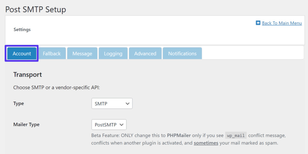 Choose PostSMTP as the mailer type.