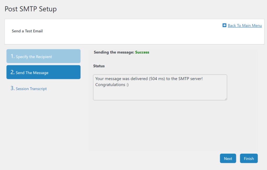 The success message shown after properly configuring and testing Post SMTP.