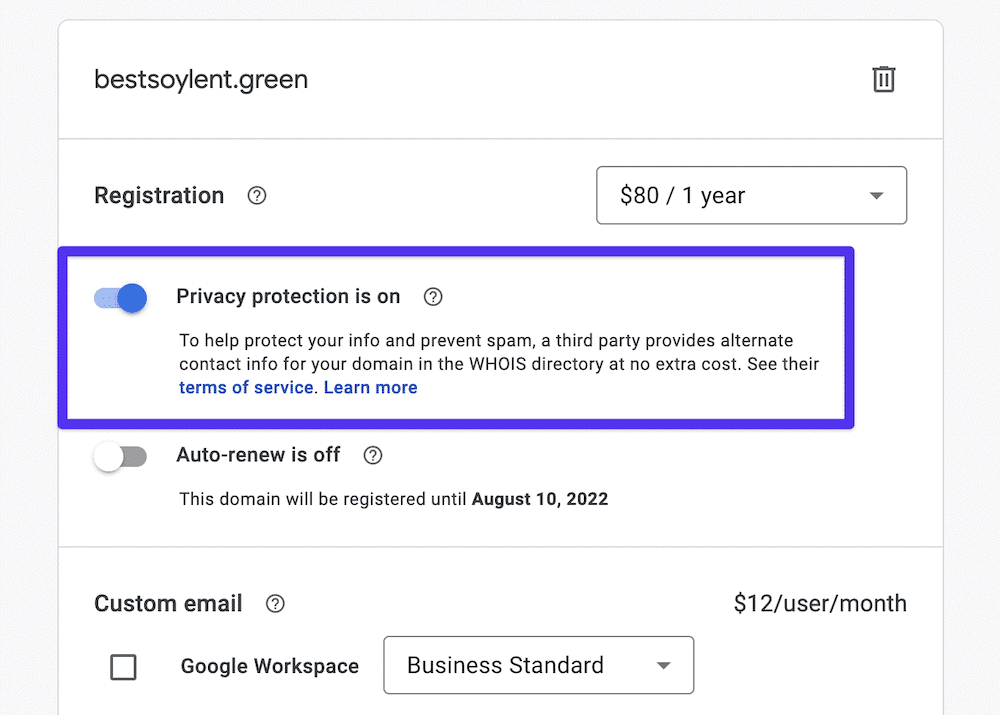 The Google Domains checkout, complete with Privacy Protection.