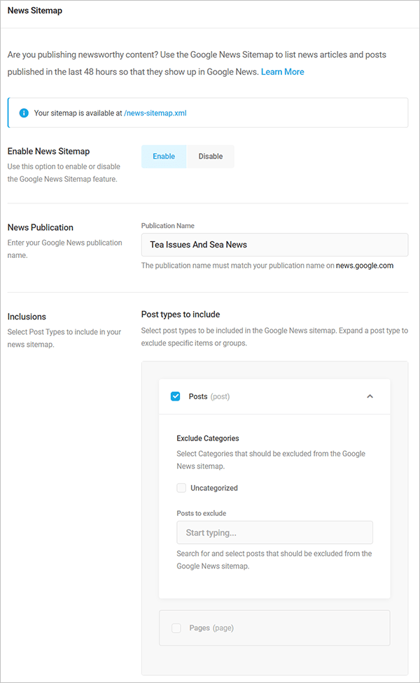 SmartCrawl Google News Sitemap settings screen.