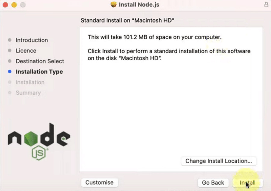 Selecting the Node.js installation location on macOS.