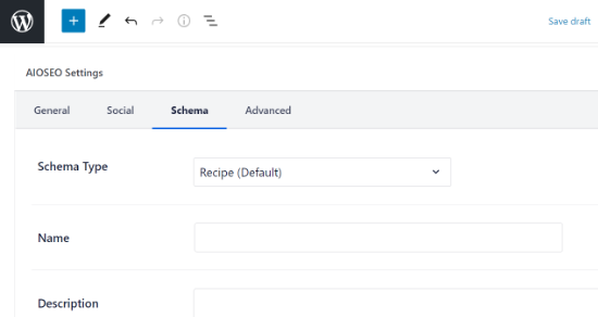 Select schema tab in AIOSEO settings