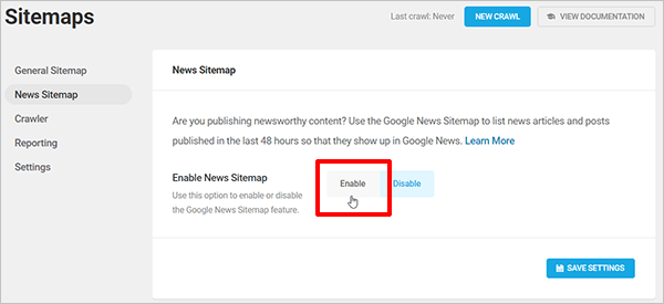 SmartCrawl Google News Sitemap screen.