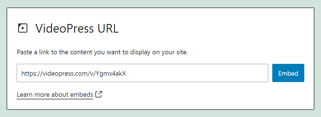 Adding a VideoPress link to the embed block.