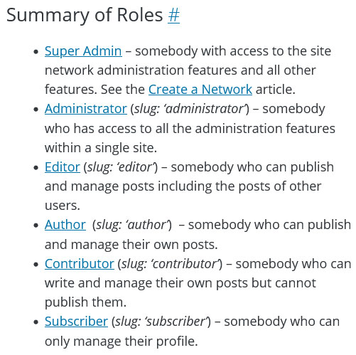 wordpress roles and capabilities summary