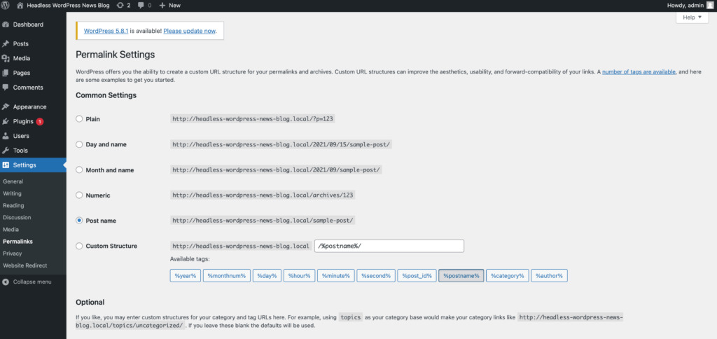 The WordPress Permalink settings page.