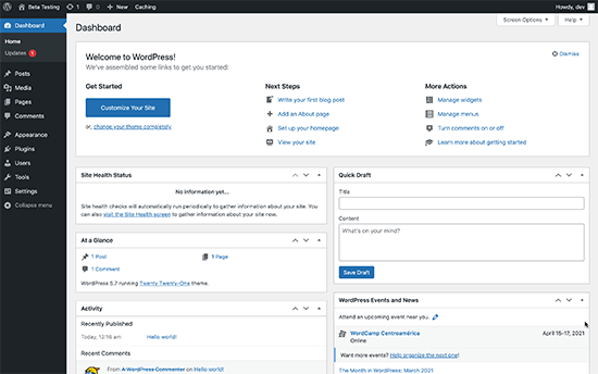 WordPress dashboard