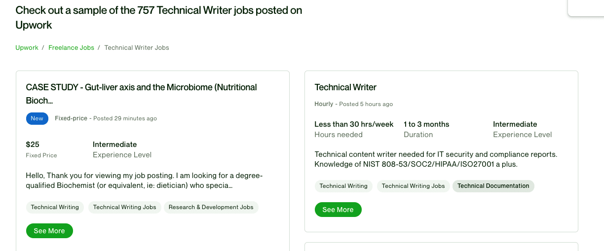 Technical freelance writing job posts on Upwork.com.