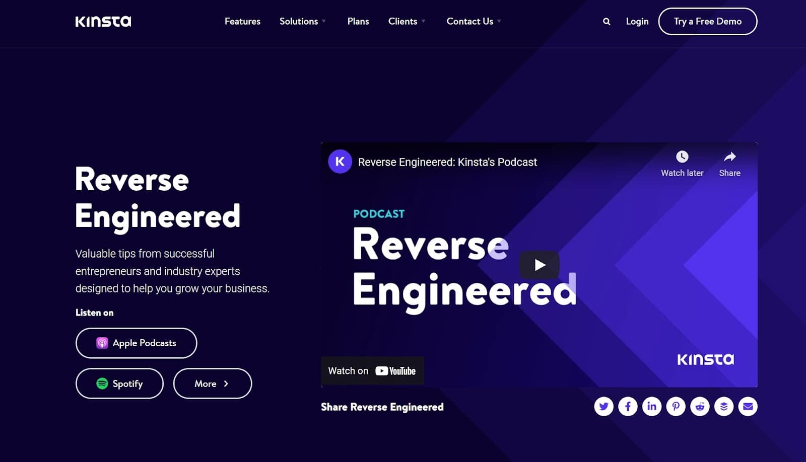 A screenshot of Kinsta's Reverse Engineered podcast homepage. 