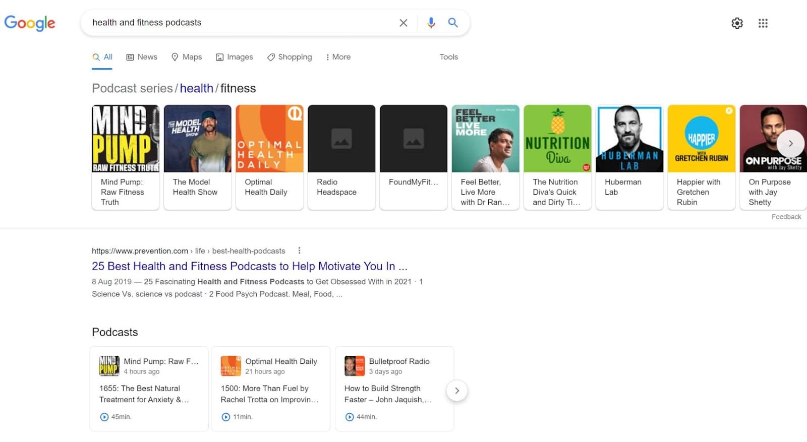 Google search results for "health and fitness podcasts