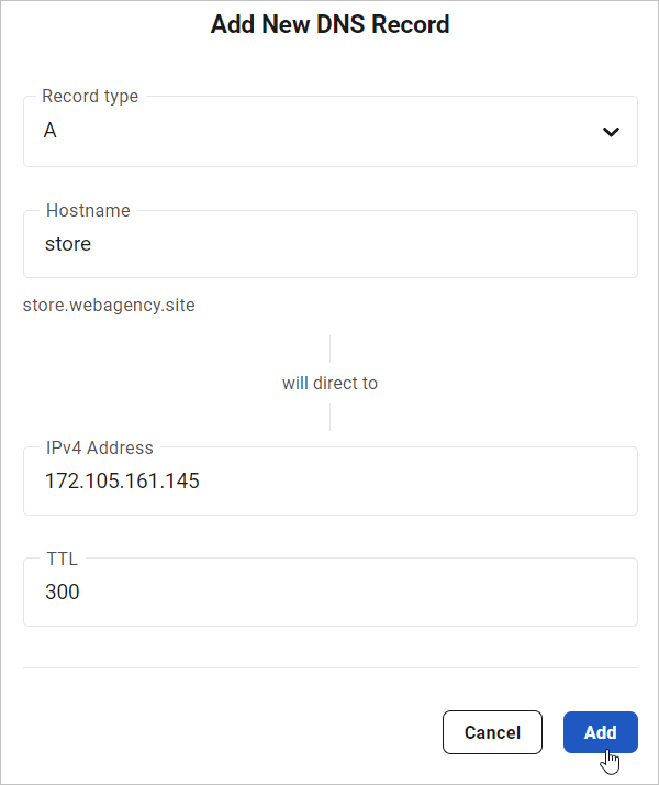 Add a subdomain A record to your main site's DNS.