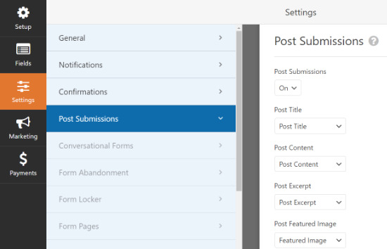 Change the Post Submission settings