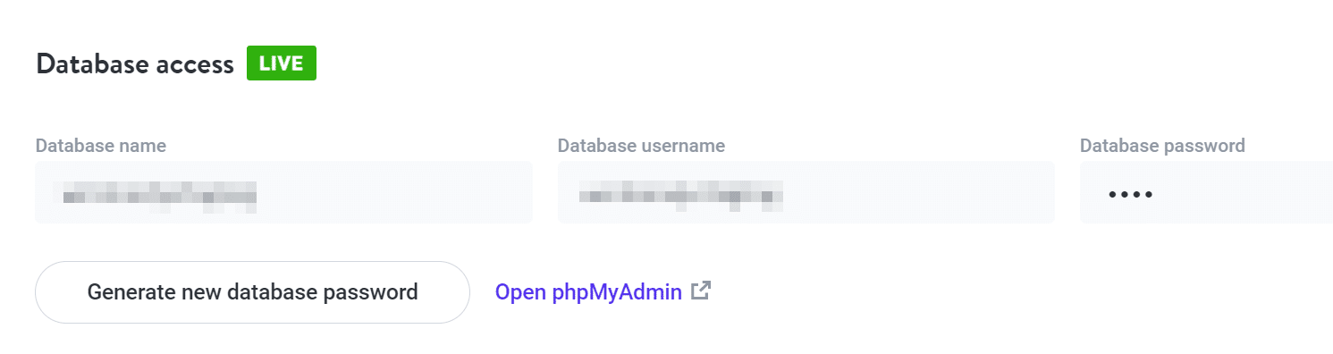Accessing phpMyAdmin via MyKinsta under the "Database access" section, with an "Open phpMyAdmin" button.