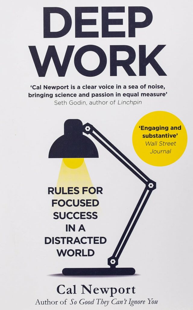 Cover of the book Deep Work with a graphic of a desk lamp above the subtitle 