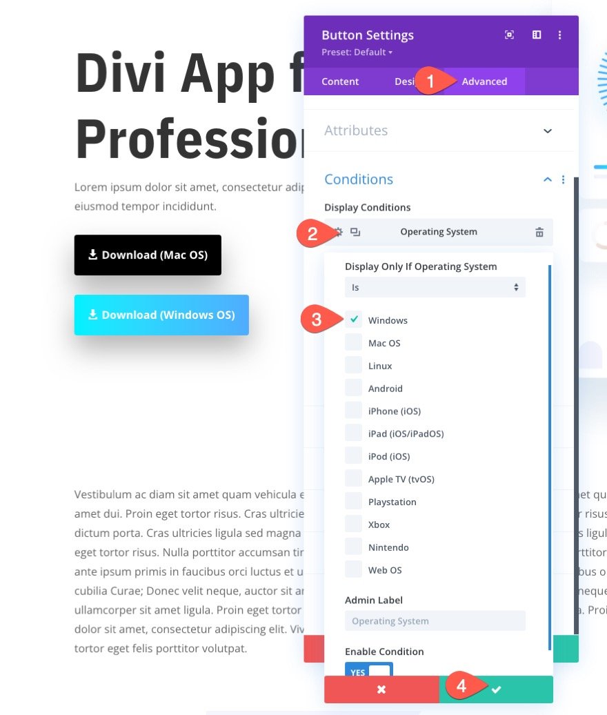 display download buttons for respective operating systems in divi