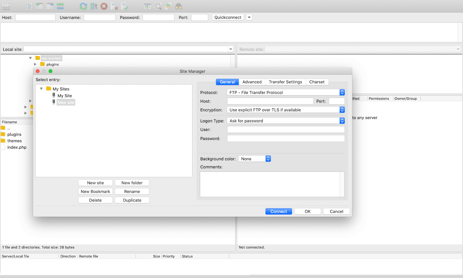 A screenshot showing the FileZilla FTP client window dialog for connecting to a server.