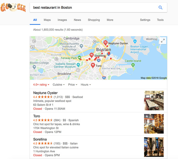 example google results page best restaurants in boston