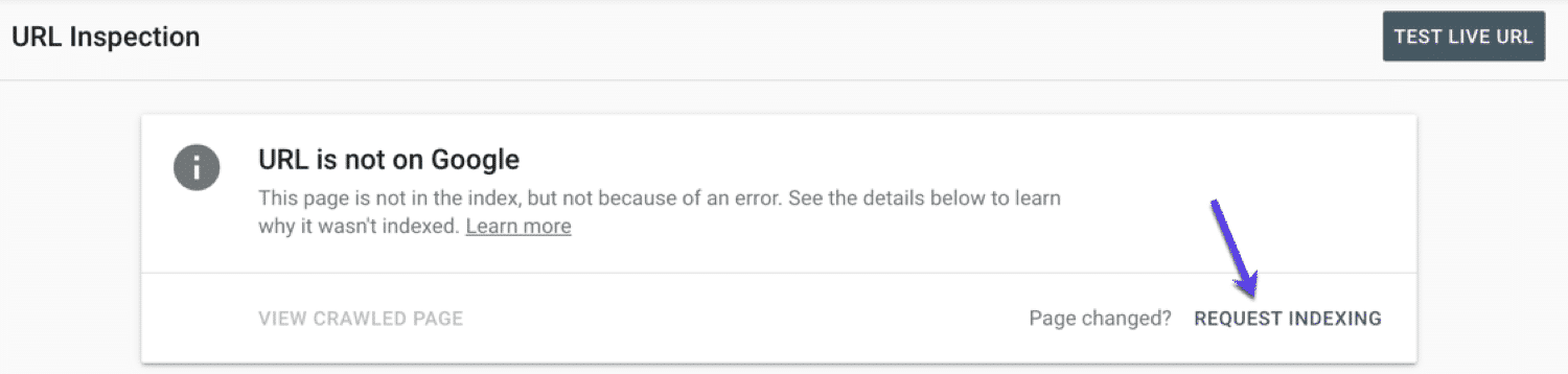 Google Search Console URL Inspection tool with an arrow pointing to the "Request Indexing" option.
