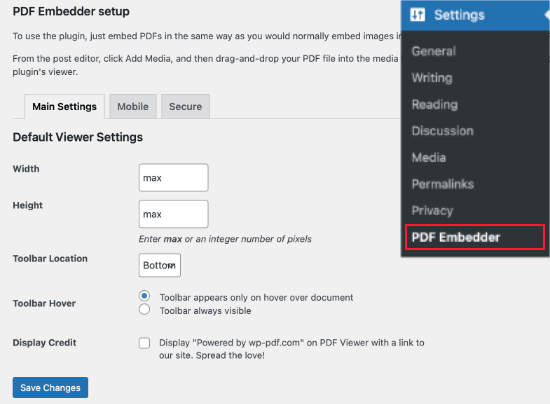 PDF Embedder Settings