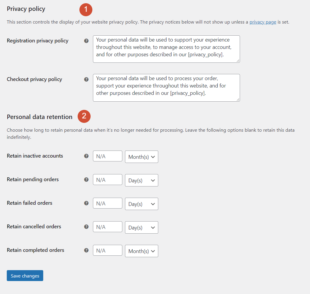 WooCommerce privacy policy settings
