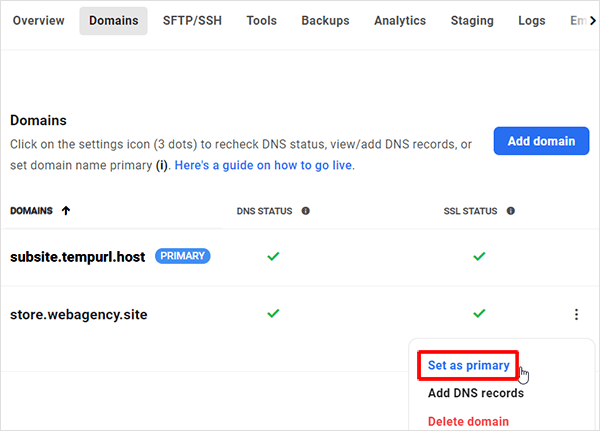 Set subdomain as primary.