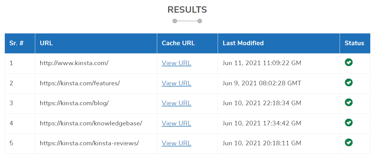 A screenshot of Google Cache Checker tool results showing several Kinsta pages.