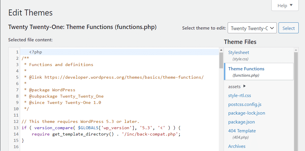 Theme Functions (functions.php) in the theme editor