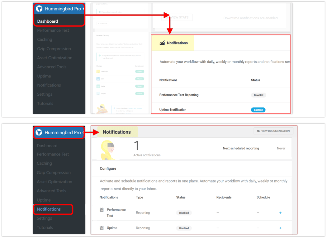 Hummingbird notification module, two ways.