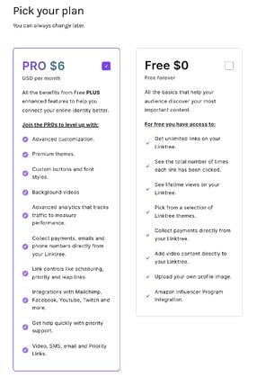 linktree account plan options
