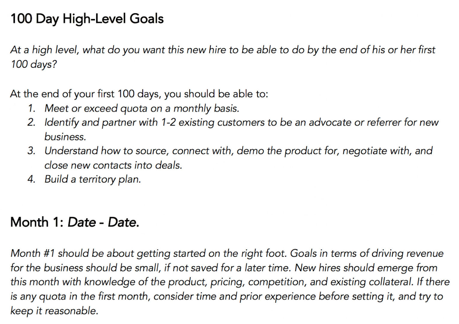 Sample action plan for onboarding