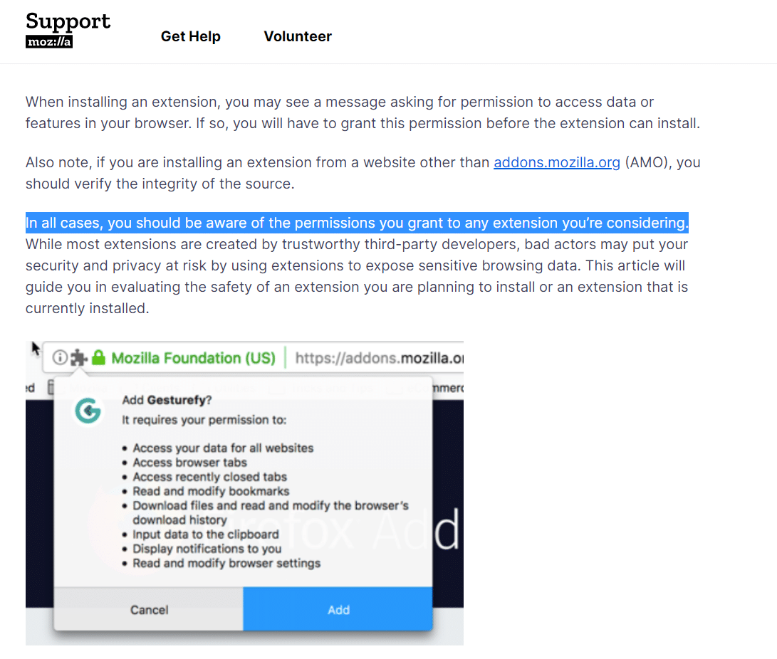 Firefox extension permission guidelines