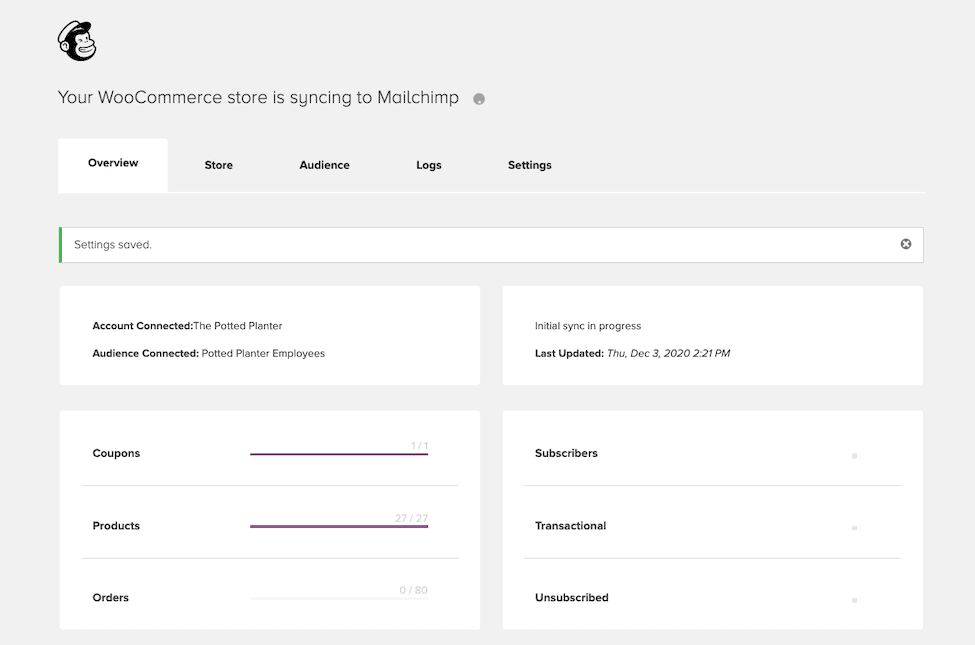 Mailchimp’s WooCommerce integration option.