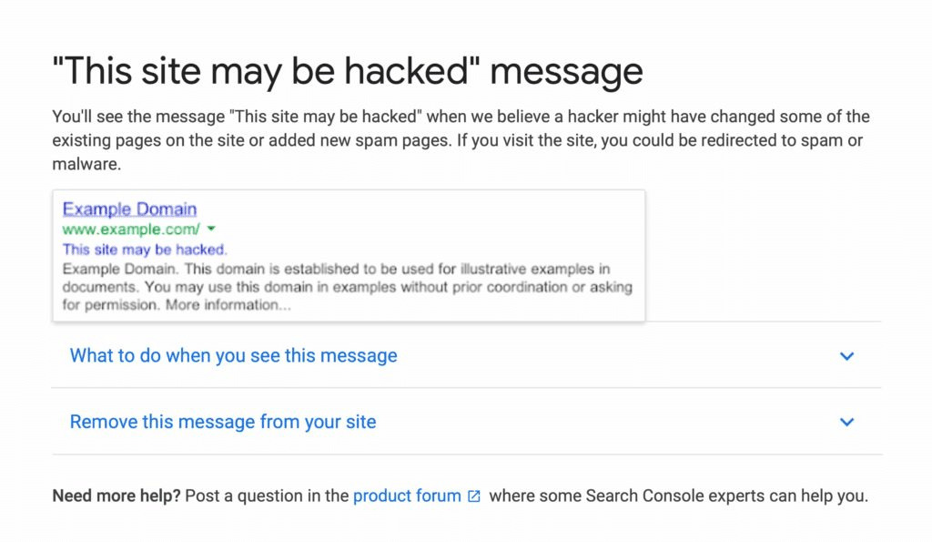 A message from Google stating that a website may be compromised