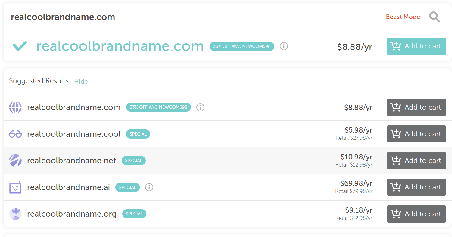 A list of domain extension options at NameCheap