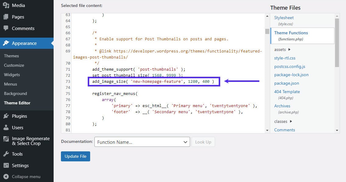 Adding custom image size dimensions to functions.php.