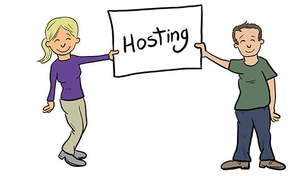 Image of a pair of people holding a hosting sign.