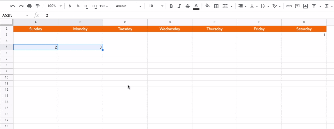 Filling in the next row of day numbers in a Google Sheets calendar 