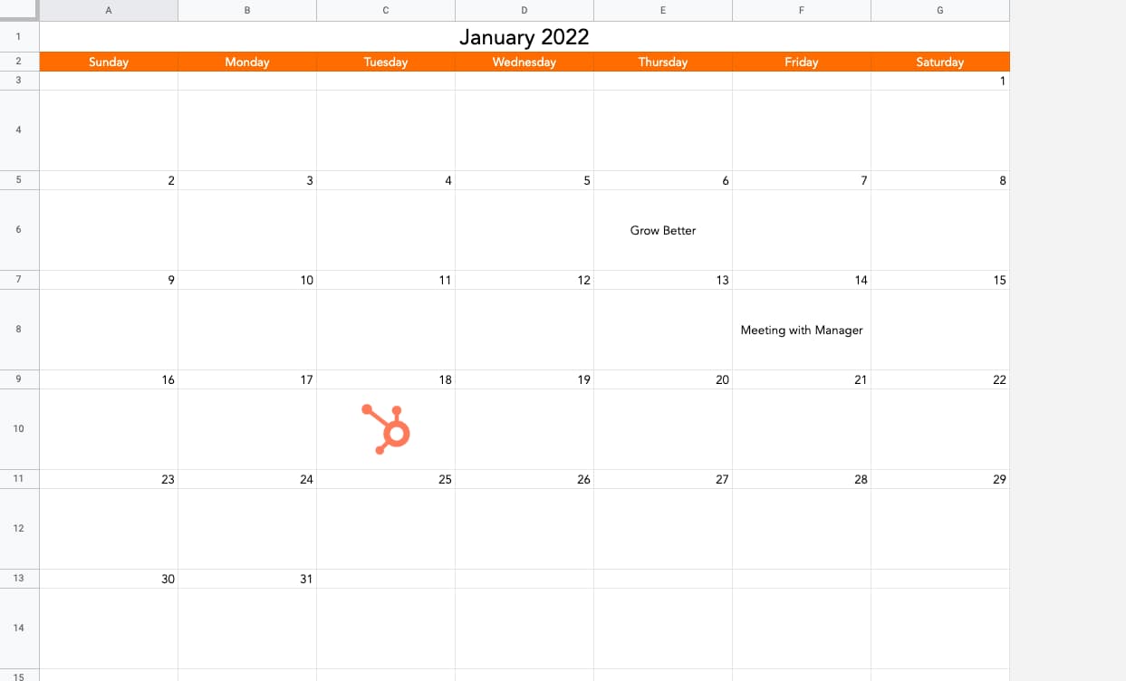 Completed Google Sheets calendar