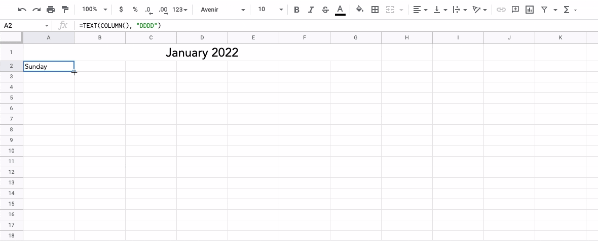 Filling in the weekdays in a Google Sheets calendar