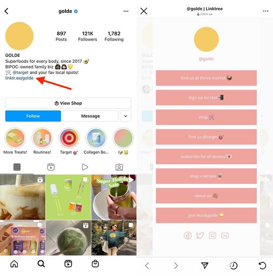 instagram Linktree example: golde