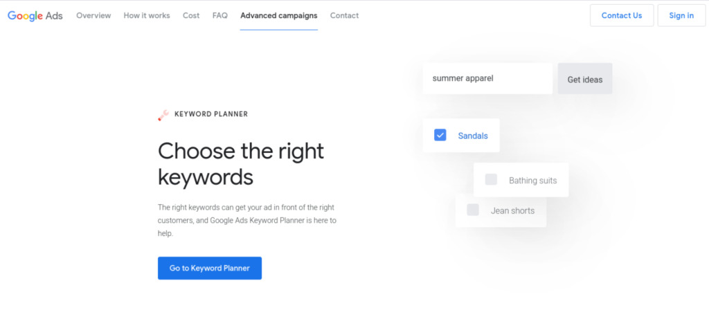 The Google Keyword Planner website.