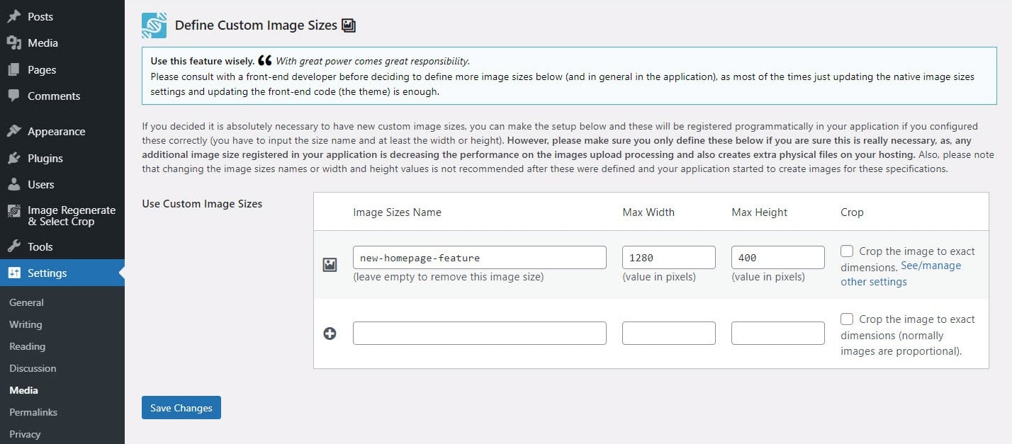 Custom image size options via the Image Regenerate & Select Crop plugin.
